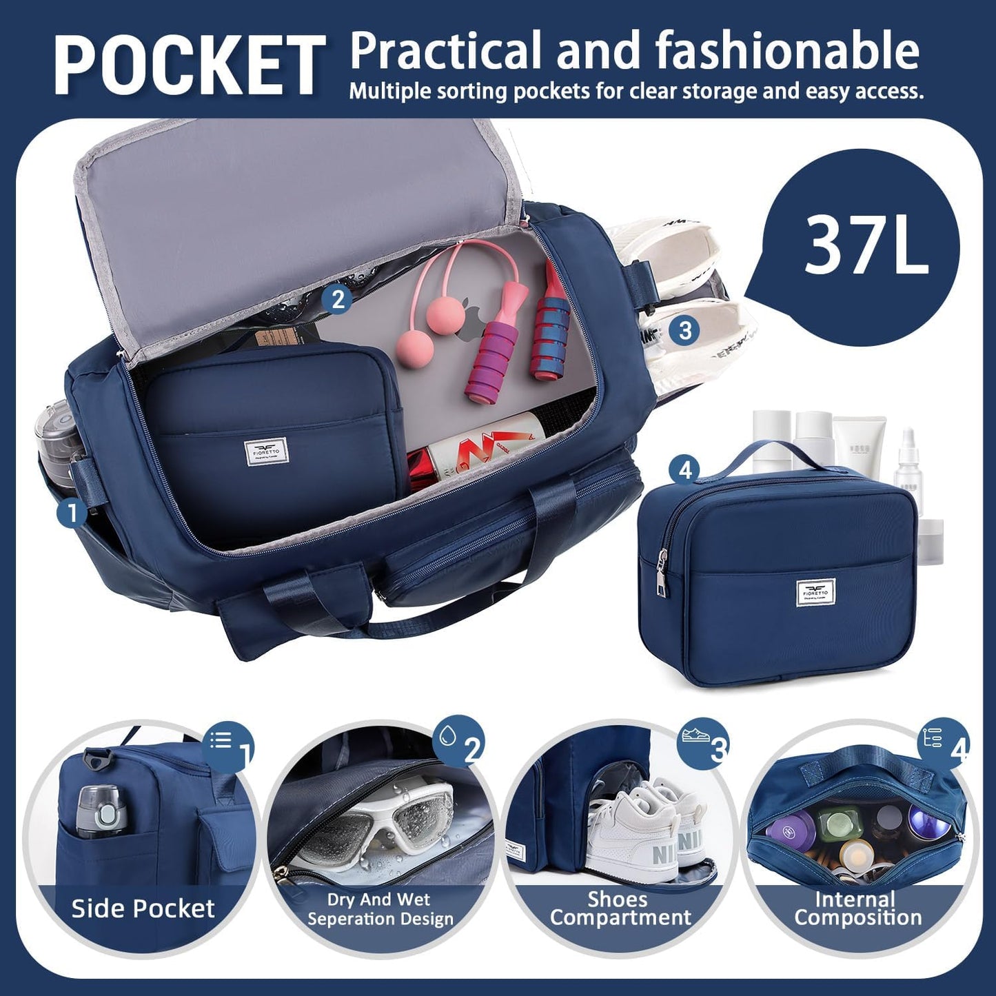 FIORETTO Women's Gym Duffle Bag with Shoes Compartment, 30L Capacity, Ideal for Travel, Gym, Sports, Duffel, Weekender