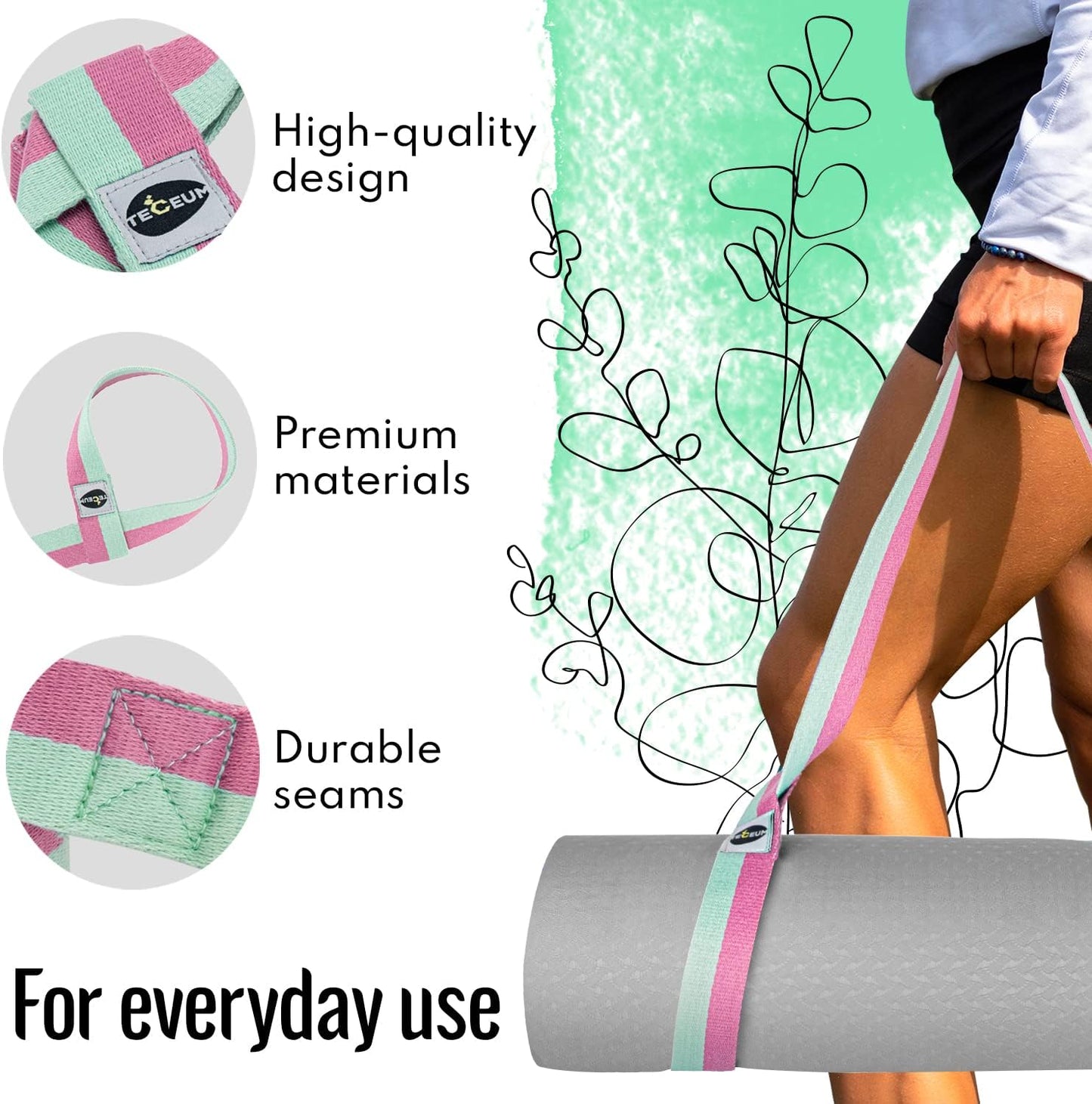 TECEUM Yoga Mat Strap – 30+ Colors – Adjustable Mat Holder Sling Carrier for All Mats [Mat Not Included]