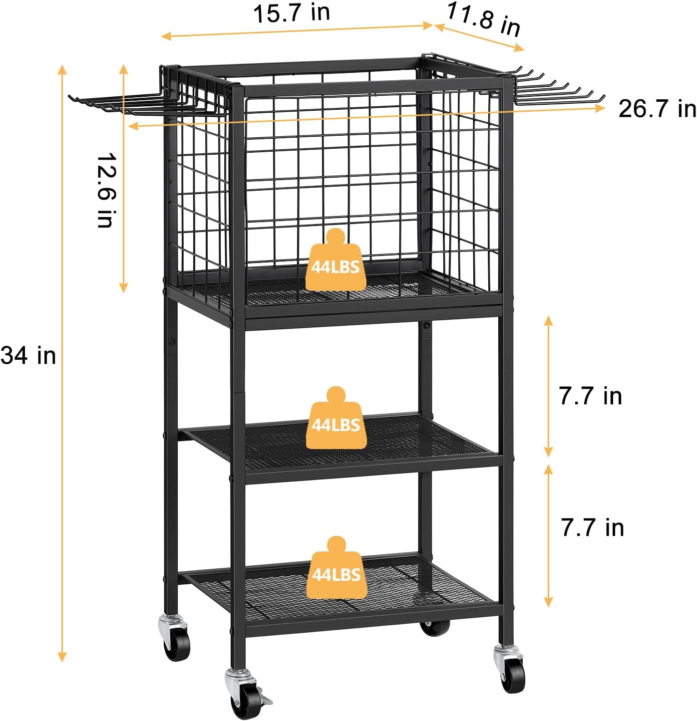 ETELI Yoga Mat Storage Rack Home Gym Workout Equipment Storage Cart with Hooks Wheels Small Metal Weight Rack for Dumbbells, Kettlebells, Foam Rollers, Resistance Bands, Yoga Block