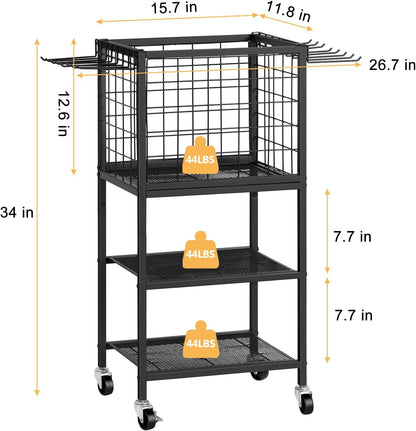 ETELI Yoga Mat Storage Rack Home Gym Workout Equipment Storage Cart with Hooks Wheels Small Metal Weight Rack for Dumbbells, Kettlebells, Foam Rollers, Resistance Bands, Yoga Block