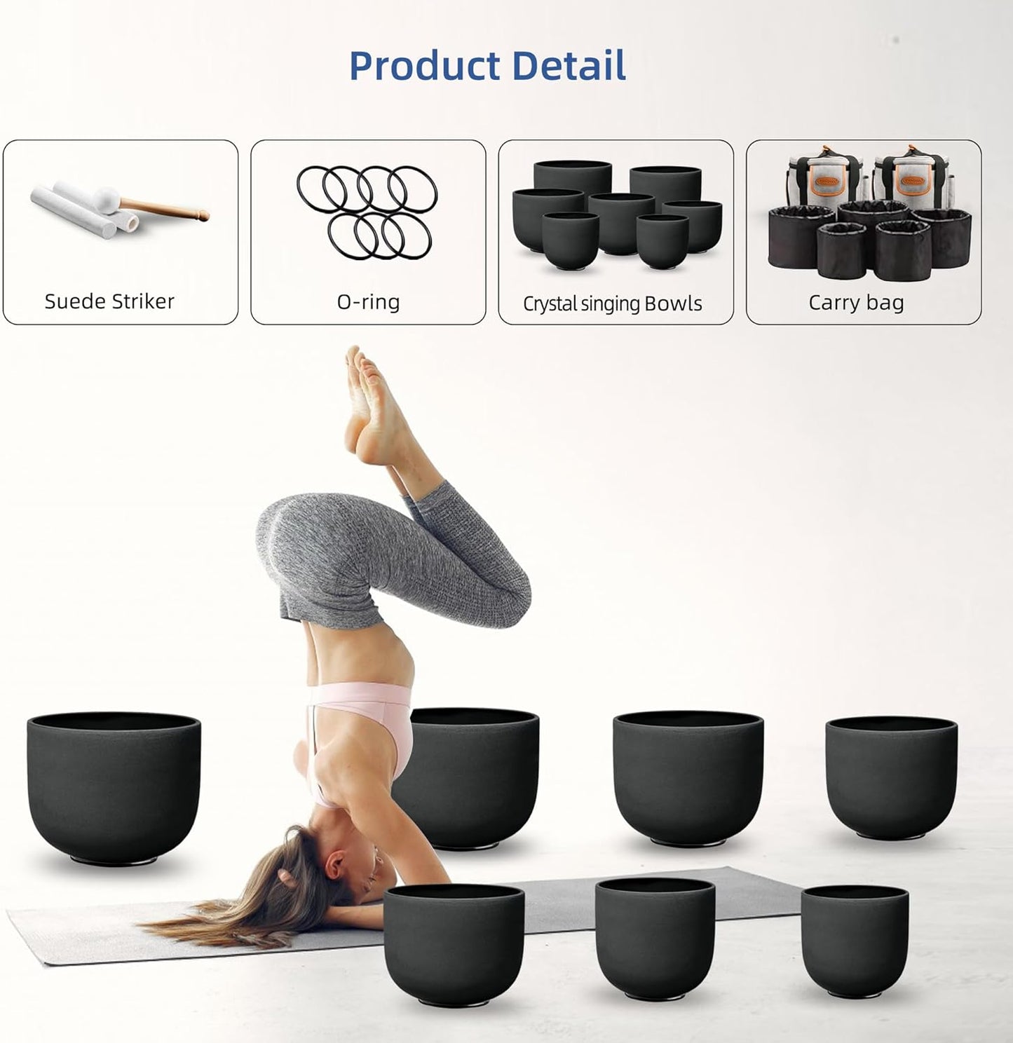 Ryan Dvan 432Hz 7"-12" Set of 7 Crystal Singing Bowl Set ¨C Gradient Color Quartz Bowls for Chakra Healing, Meditation, Sound Bath & Yoga.Sound Therapy Tools with Suede Mallets & O-Rings.