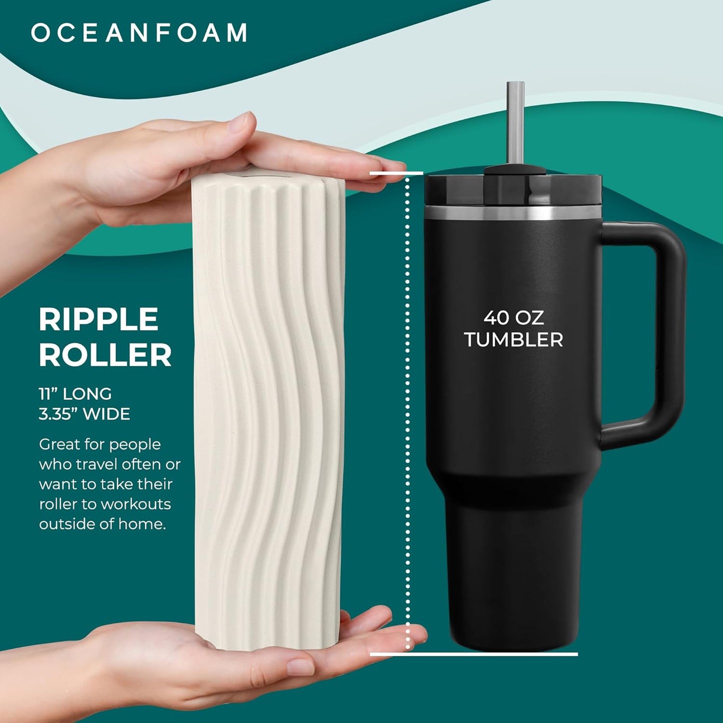 Oceanfoam Ripple Travel Foam Roller (11" x 3.35") Firm Mini Foam Roller for Physical Therapy, Deep Tissue Massage, Back Pain - High Density, Ergonomic Wave Textured - Yoga, Pilates, Exercise (Natural) - Colors A