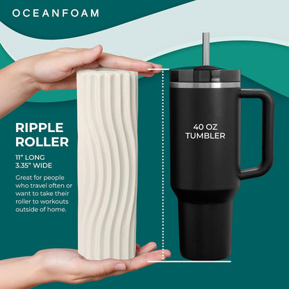 Oceanfoam Ripple Travel Foam Roller (11" x 3.35") Firm Mini Foam Roller for Physical Therapy, Deep Tissue Massage, Back Pain - High Density, Ergonomic Wave Textured - Yoga, Pilates, Exercise (Natural) - Colors A
