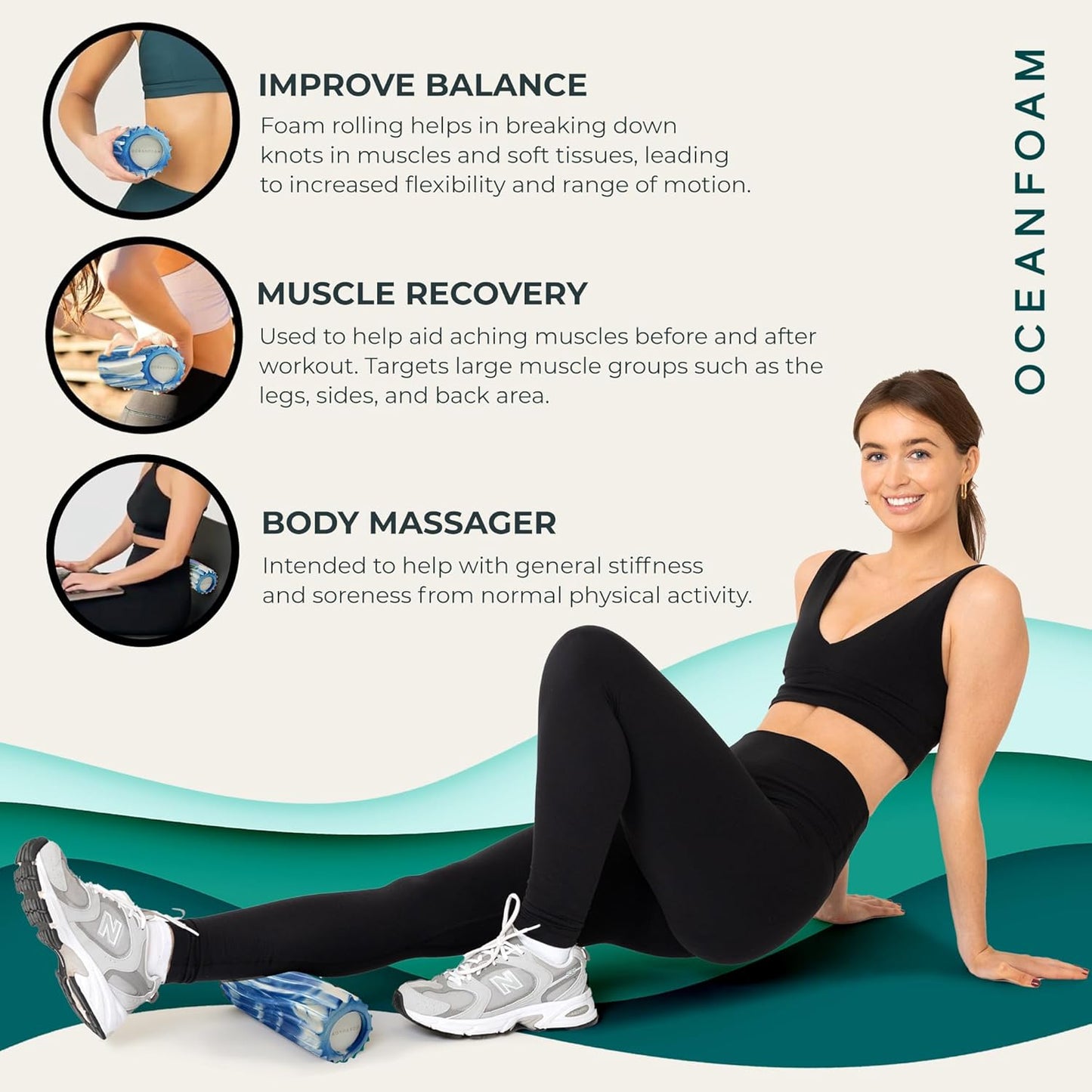 Oceanfoam Ripple Travel Foam Roller (11" x 3.35") Firm Mini Foam Roller for Physical Therapy, Deep Tissue Massage, Back Pain - High Density, Ergonomic Wave Textured - Yoga, Pilates, Exercise (Natural) - Colors A