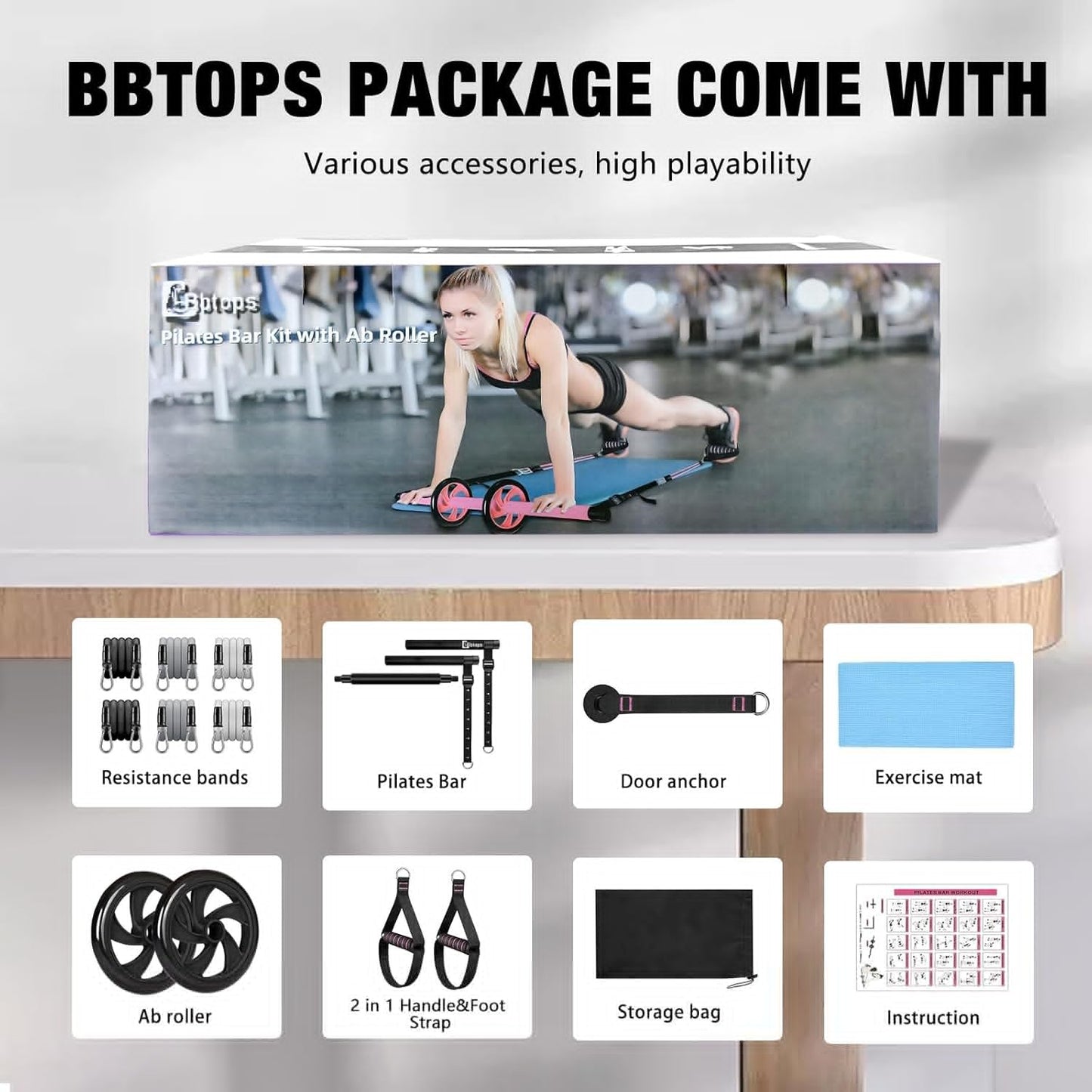 BBTOPS Pilates Bar Kit with Resistance Bands,Ab Roller,2 in 1 Foot Strap & Handle,Door Anchor Pilates Equipment with Resistance Bands, Portable Home Gym Yoga Fitness Bar for Women & Men