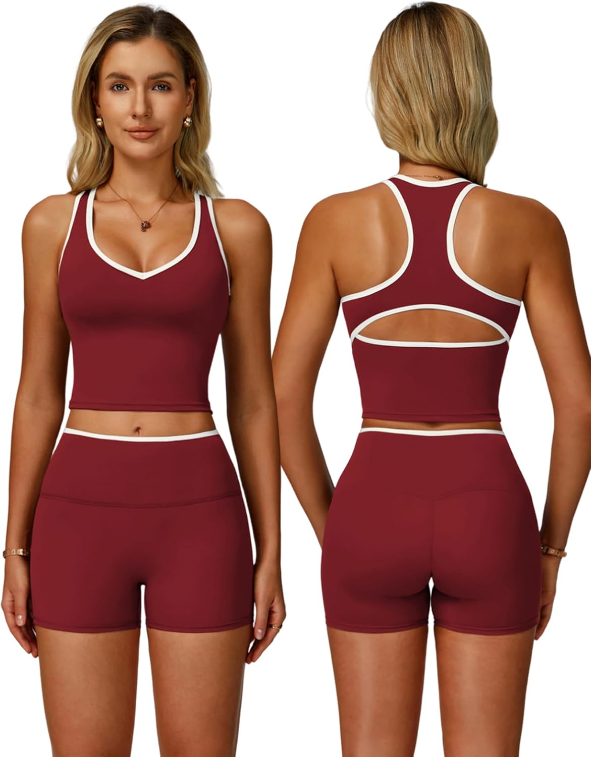 Women 2 Piece Workout Sets Racerback Color Block Tank Top High Waist Tummy Control Shorts Yoga Outfits