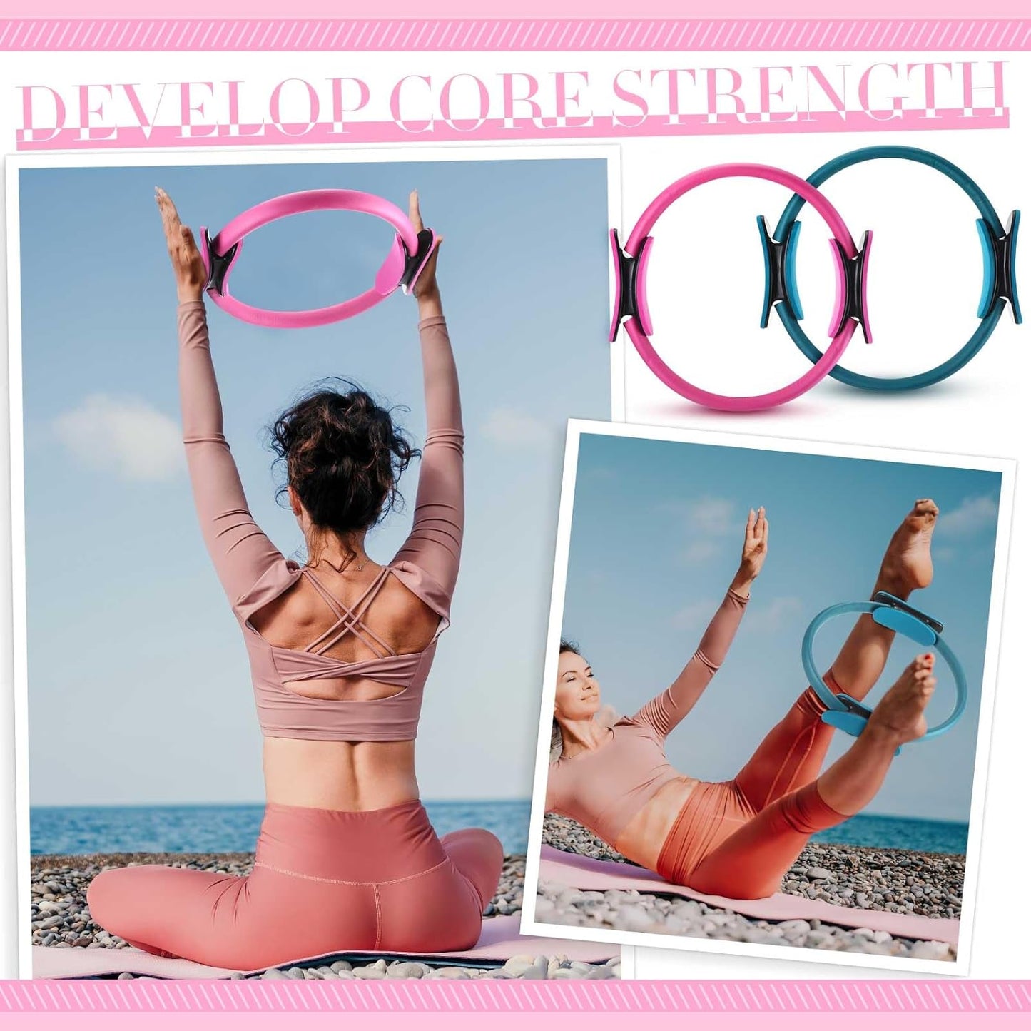 Poen Pilates Equipment Kit for Home Workout Pilates Ring and Ball Set for Women 12'' Circle Yoga Fitness Essentials Kit with Resistance Bands, Yoga Strap, Socks,Bag