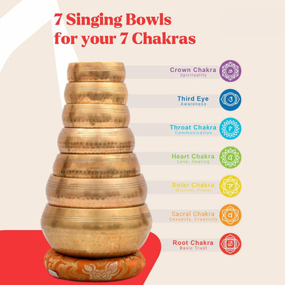Tibetan Singing Bowl Set - Authentic Cuencos Tibetanos for Sound Healing, Meditation & Chakra Balancing - Includes Cushion, Mallet-Unique Spiritual Gifts for Women and Men (7 Chakra Hand Hammered Set)