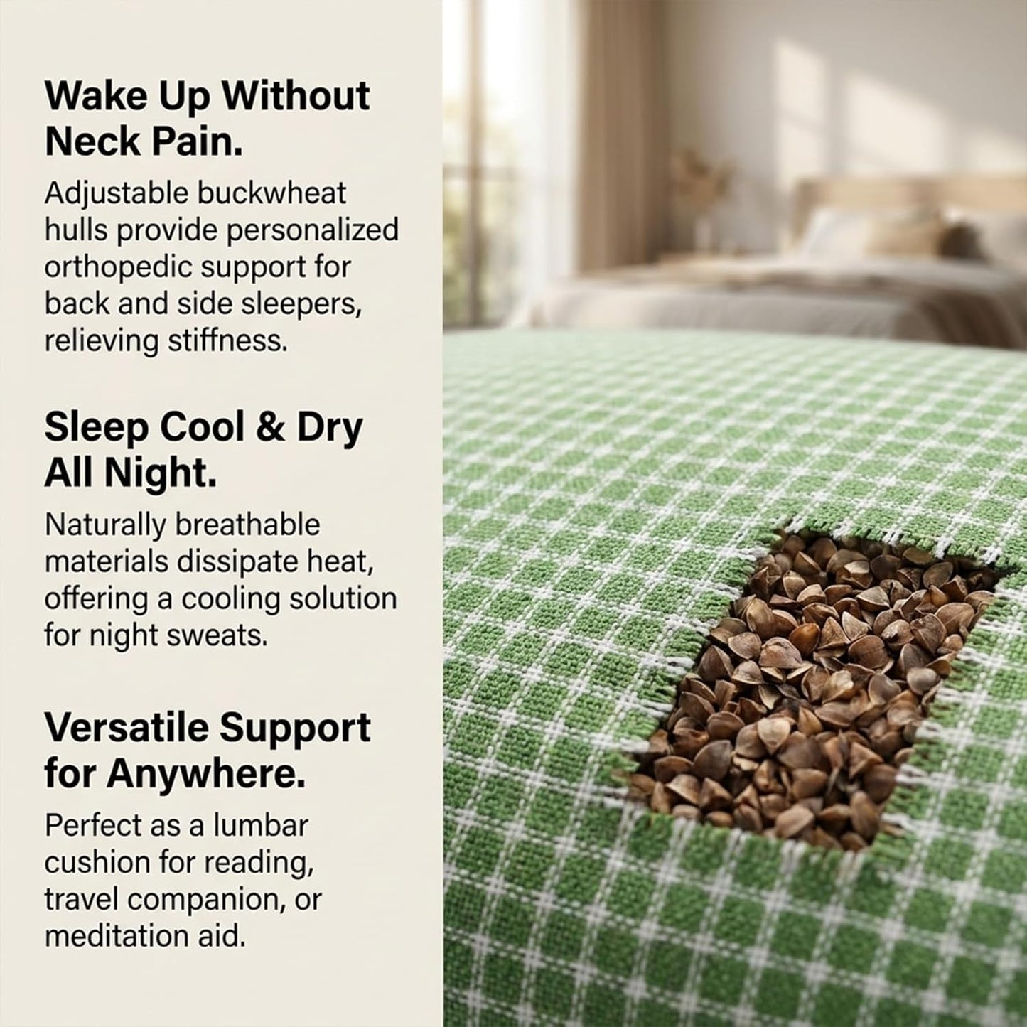 Adjustable Buckwheat Hull Pillow for Neck Pain Relief (21x8x4in) Natural Cooling Cervical Support Organic Pillow for Side & Back Sleepers with Night Sweats (Grey)