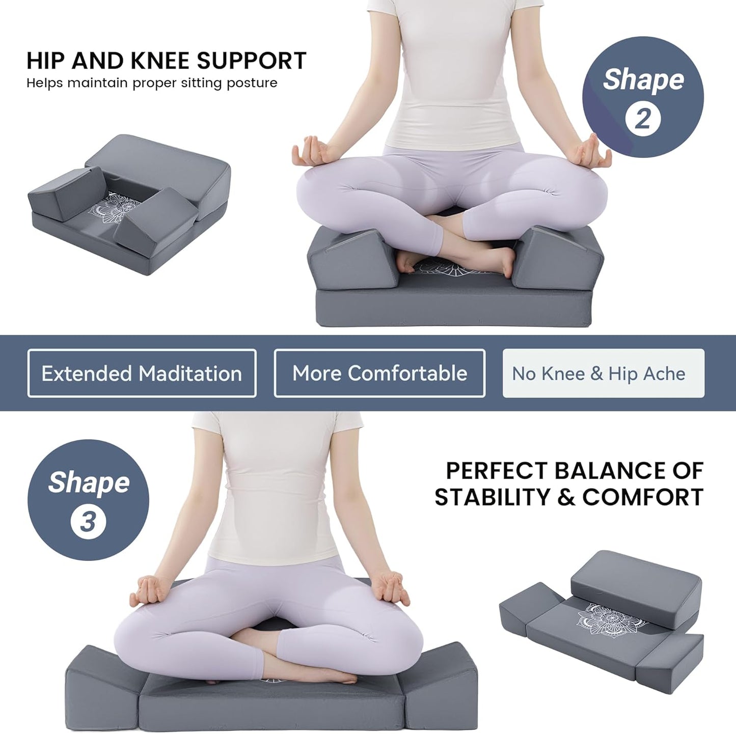 HOMBYS Large Meditation Cushion Foam Meditation Pillows for Sitting on Floor, Yoga Pillow for Adult, Meditation Mat with 2 Knee Cushions and Hip Support-3 Shapes for Different People