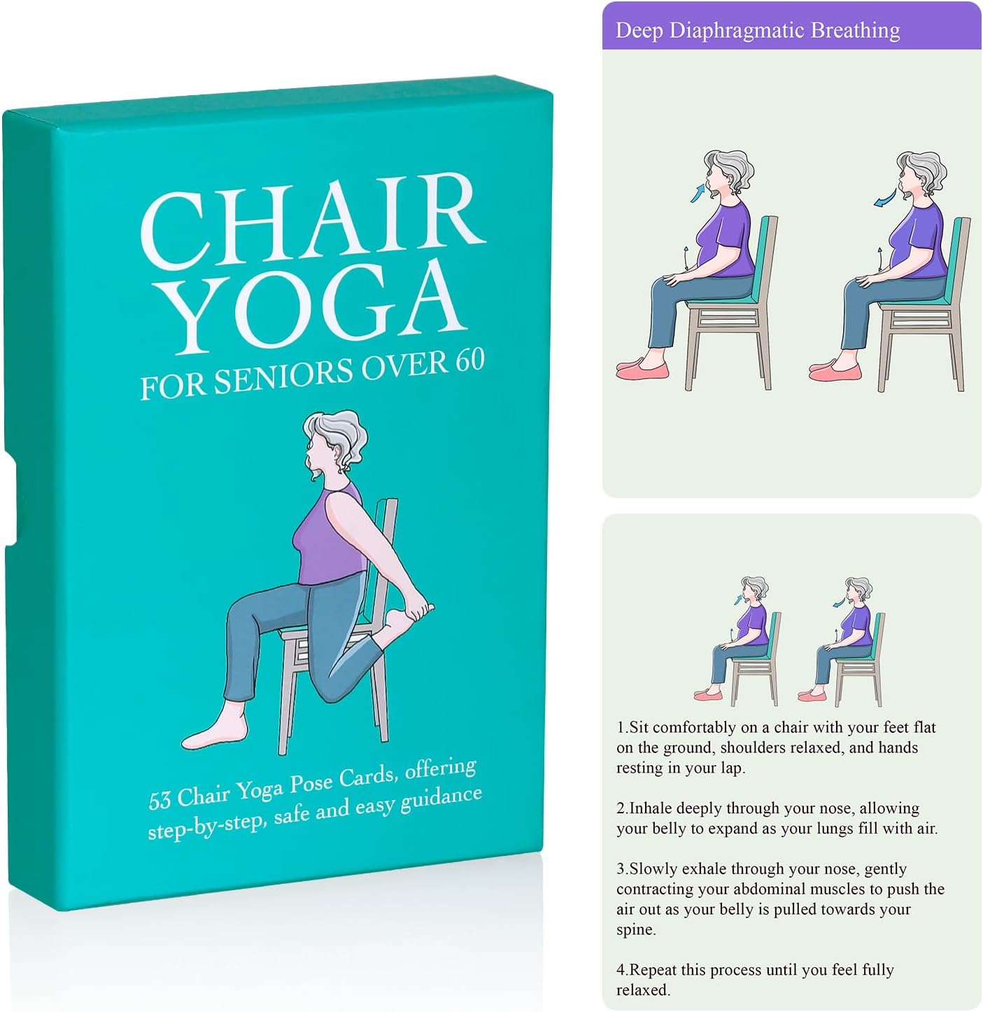 Oversized Chair Yoga Cards for Seniors – 53 Step-by-Step Poses, Large Print Exercise Cards for Elderly, Ideal Get Well Gift for Grandma & Grandpa