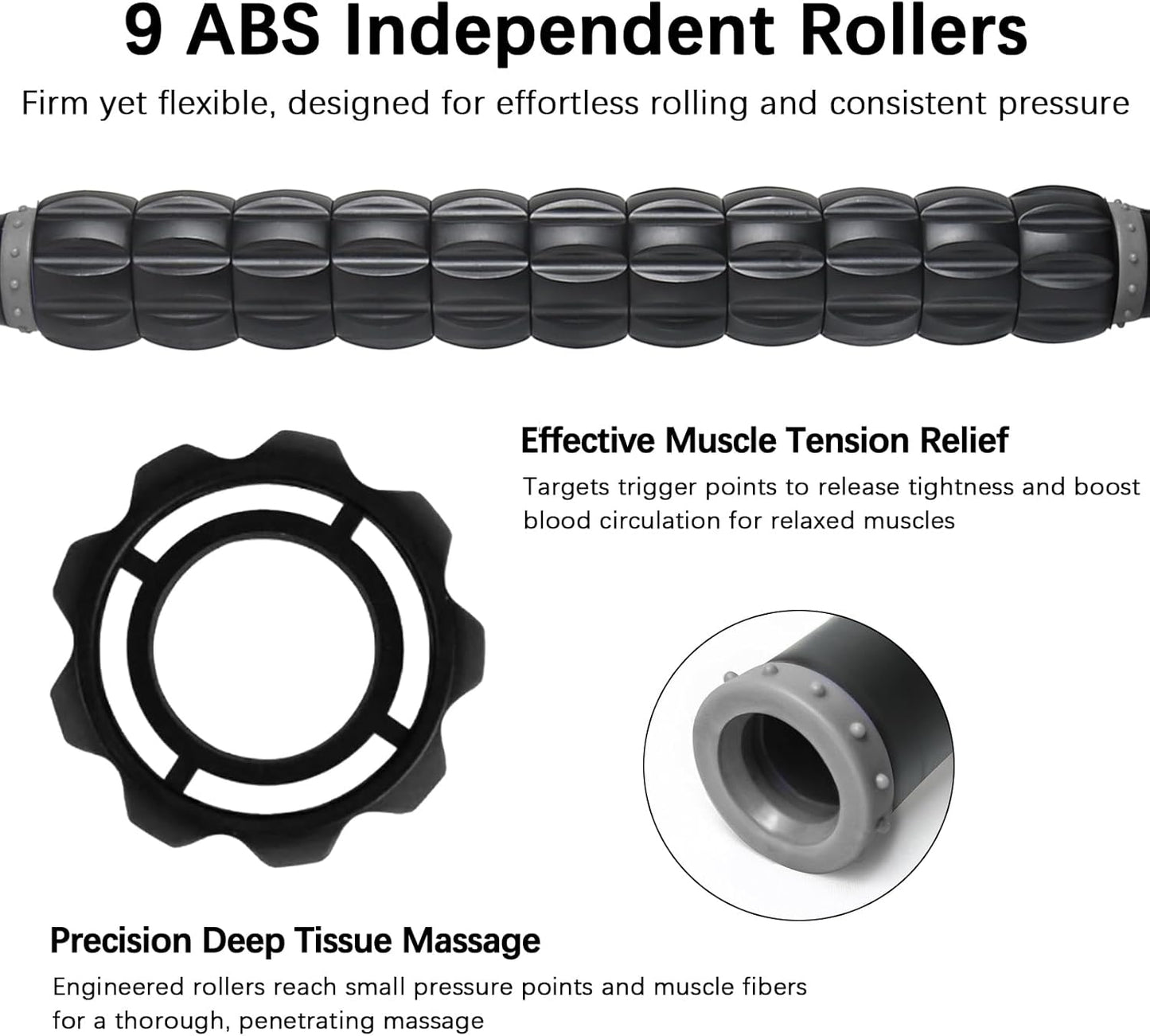 Muscle Roller Massage Roller Stick- Deep Tissue Fascia Blaster for Myofascial Pain Relief, Lymphatic Drainage & Body Sculpting, Handheld Physical Therapy & Recovery Tool (Gray black-18 inch)