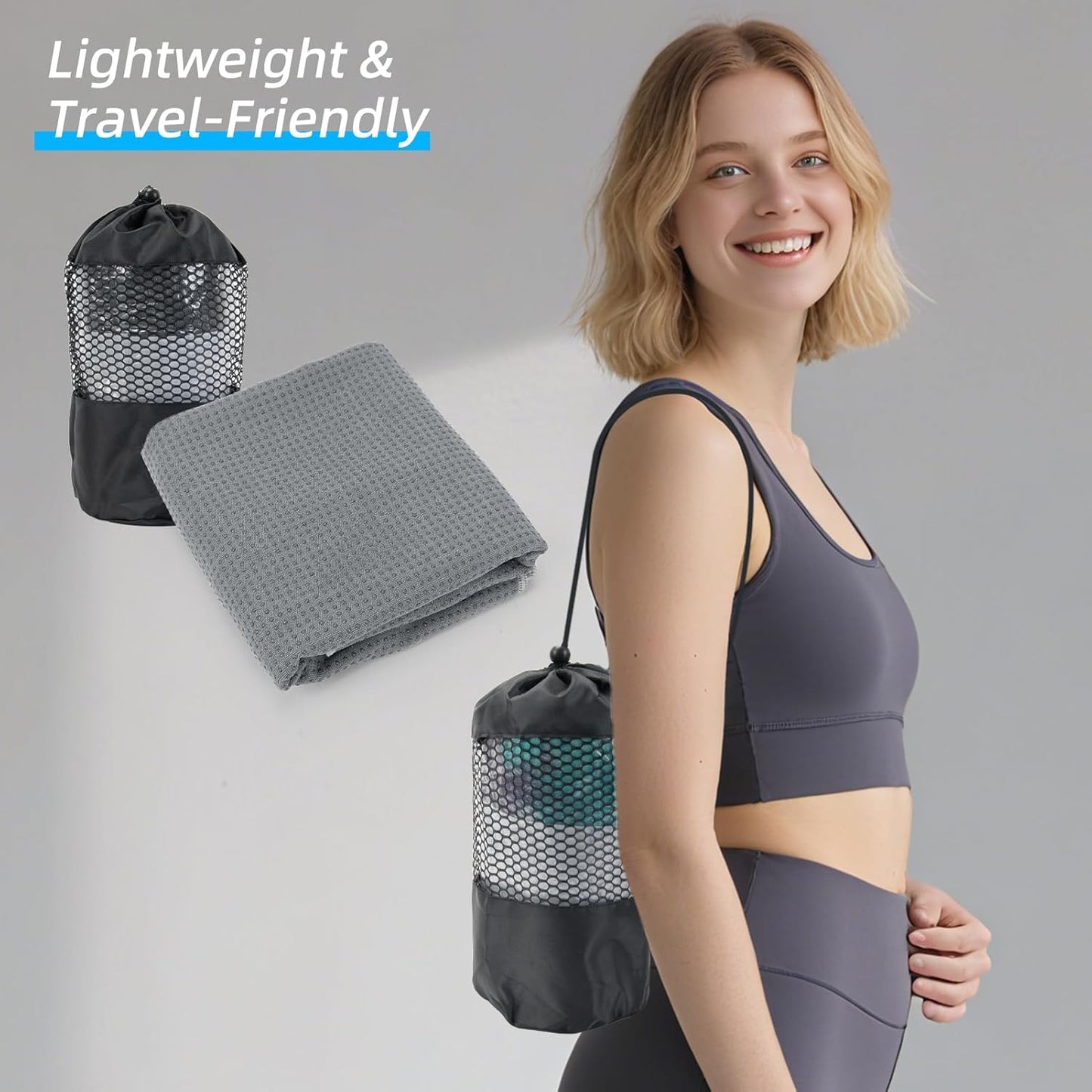 YESLIFE Non-Slip Extra Thick Hot Yoga Towel with One Sweat Towel, Microfiber Sweat Absorbent Yoga Mat Towel with Grip Dot, Pilates Mat, 72" x 24", Light Blue