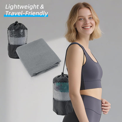 YESLIFE Non-Slip Extra Thick Hot Yoga Towel with One Sweat Towel, Microfiber Sweat Absorbent Yoga Mat Towel with Grip Dot, Pilates Mat, 72" x 24", Light Blue
