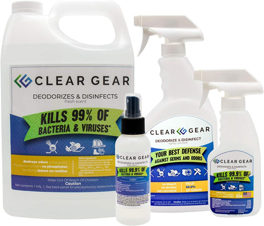 Clear Gear Gym Disinfectant, Yoga Mat Cleaner, Deodorizer For Sports Equipment, Gyms, and Fitness Centers - Mixed Pack - 16 Oz and 32 Oz Bottle Hospital grade Disinfectant Spray Pack