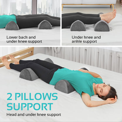 AllSett Health Half Moon Bolster Pillow for Legs, Back and Head (2 Pack) Semi Roll for Ankle and Foot Comfort with White Cotton Machine Washable Cover | Premium Memory Foam | 2 Pillow System