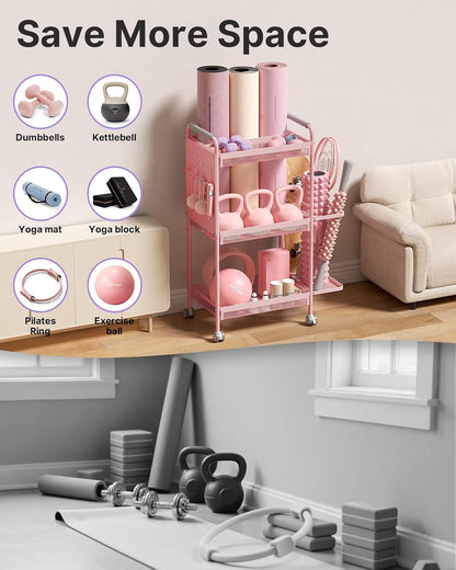 YOTTOY 3-Tier Gym Storage Rack for Home Gym–Multi-Functional Weight Rack, Dumbbell Rack, Yoga Mat Holder with Side Basket & 6 Hooks, Gym Equipment Organizer