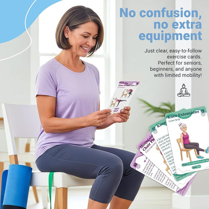Gentle Chair Yoga Program for Seniors Includes 50 Large Print Exercise Cards that Gently Target Back Relaxation, Core Strength, and Leg Stability.
