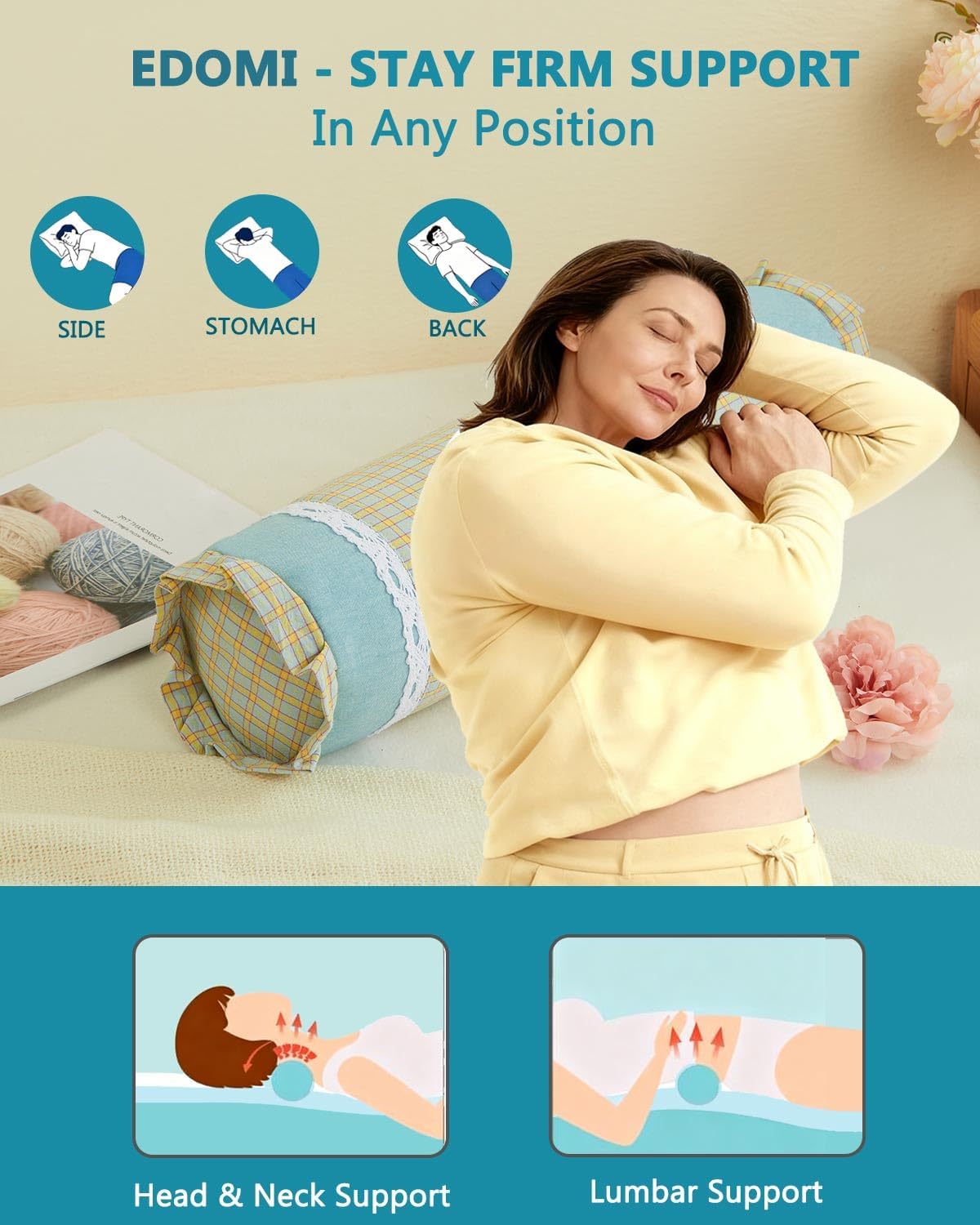 Buckwheat Hull Neck Roll Pillow -15.7" x4.7” Adjustable Firmness Cervical Support for Sleep & Yoga, Cooling Floral Cotton Cover, Ergonomic Bolster Pillow, Blue