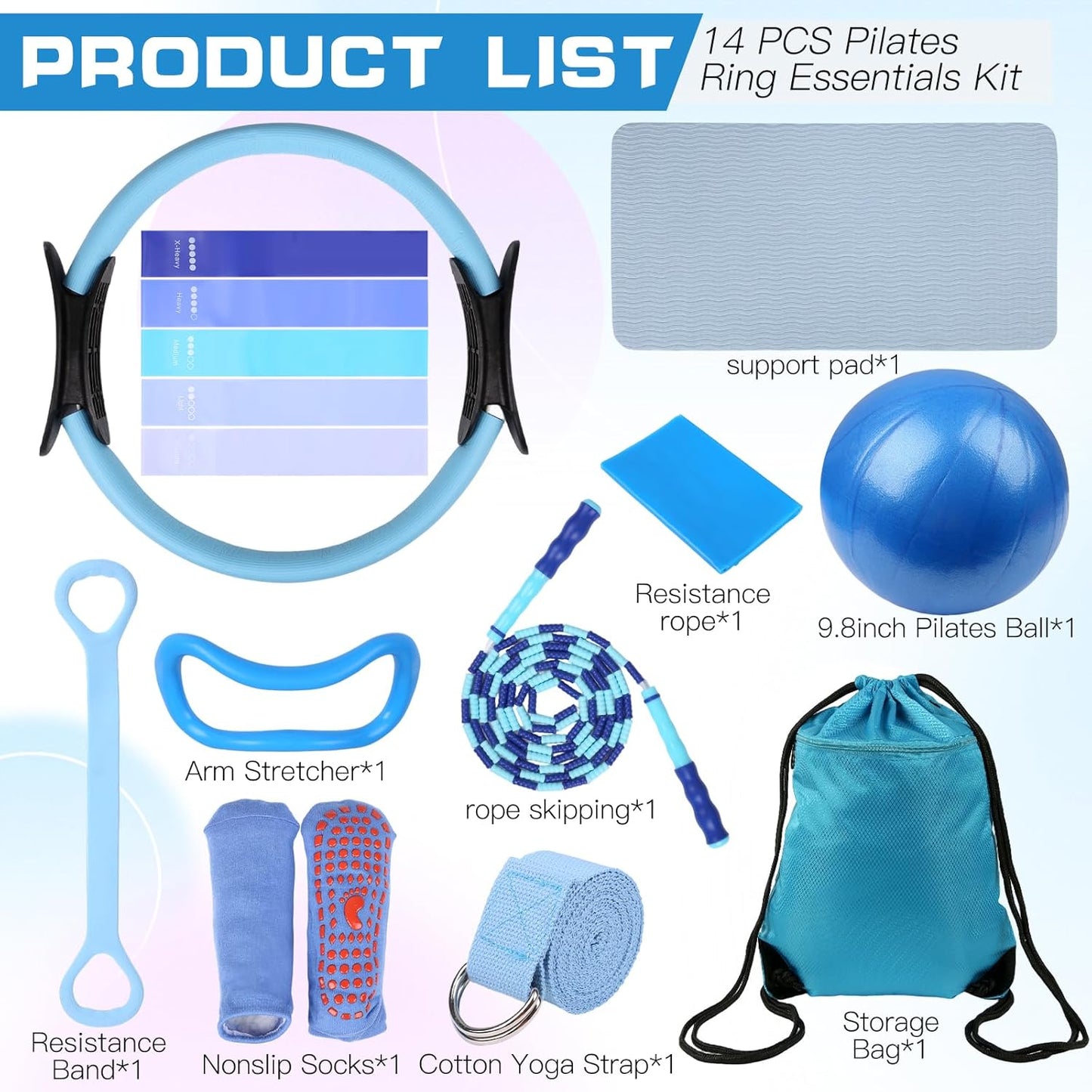 15 Pcs Home Pilates Essentials Kit for Women,Pilates Kit with 9 Inch Yoga Ball,Pilates Ring,Resistance Bands,Jump Rope,Workout Sets for Women,Pilates Equipment Set for Starter Toning Workout at Home