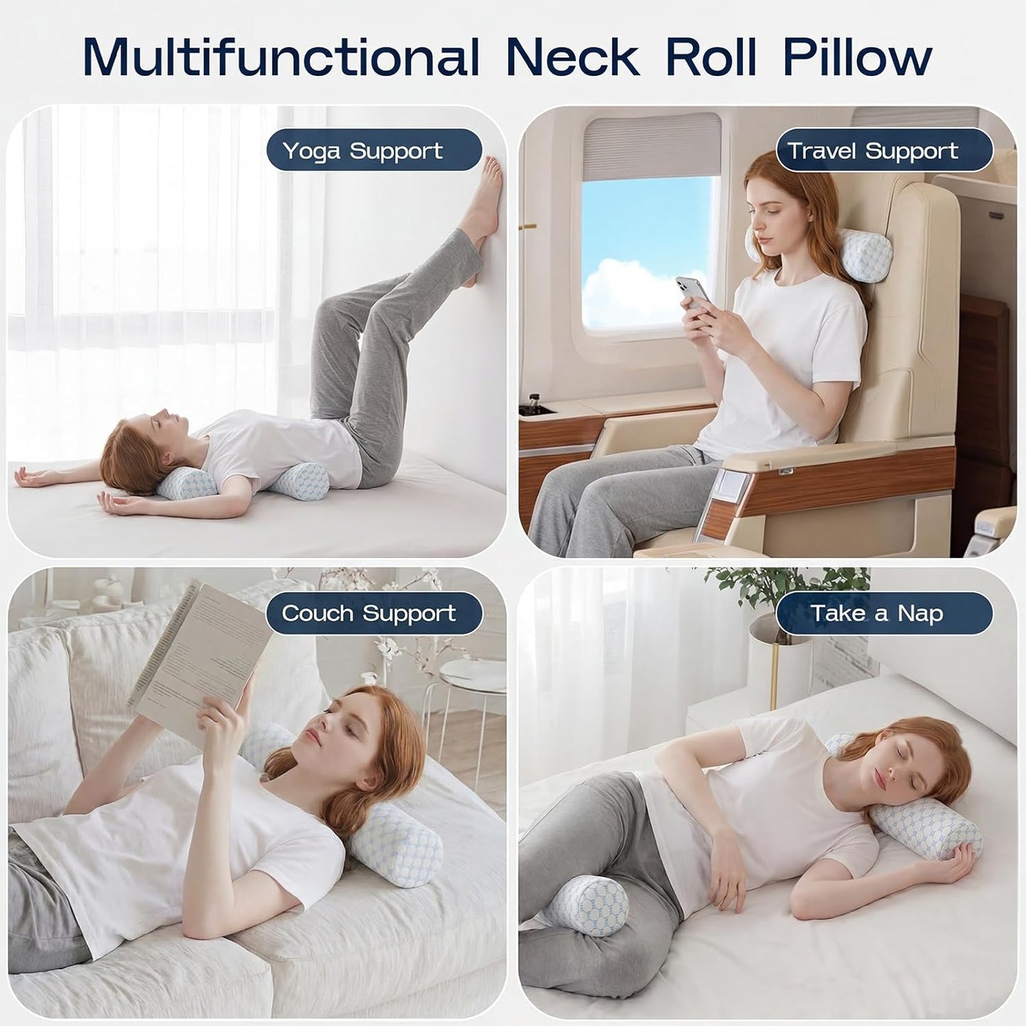 Neck Roll Pillow, Memory Foam Neck Support Pillows, Round Neck Pillows, Cylinder Bolster Pillows for Bed, Couch, and Yoga, Removable Washable Cover,18 * 4.1 * 4.1inch (Cool-Blue)