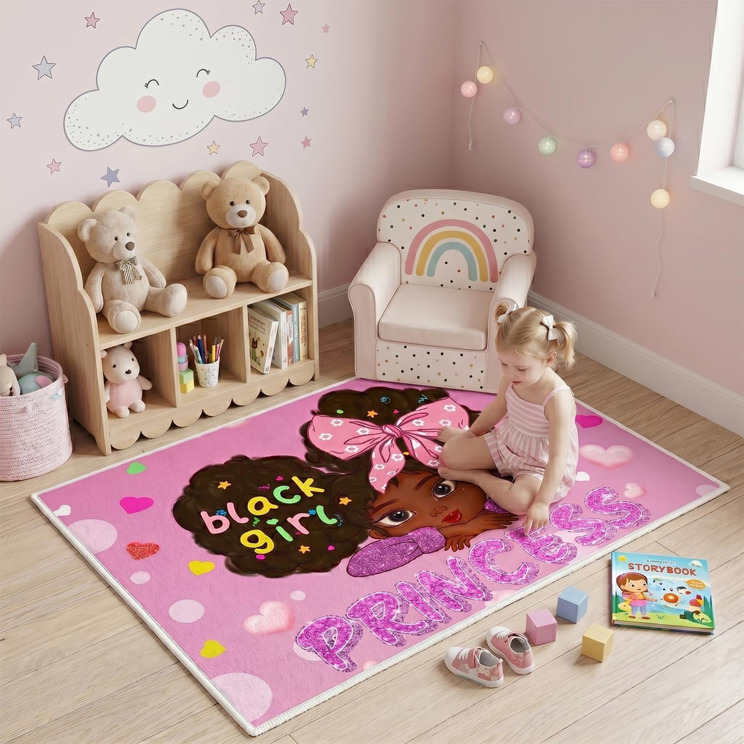 Black Girl Area Rug for Bedroom African American Rugs for Room Princess Carpet Kids Rugs for Bedroom African Girls Carpet for Living Room Teen Girls Yoga Mats, Pink, 4'×5'