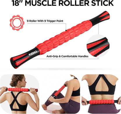 Muscle Roller Massage Roller Stick- Deep Tissue Fascia Blaster for Myofascial Pain Relief, Lymphatic Drainage & Body Sculpting, Handheld Physical Therapy & Recovery Tool (Gray black-18 inch)