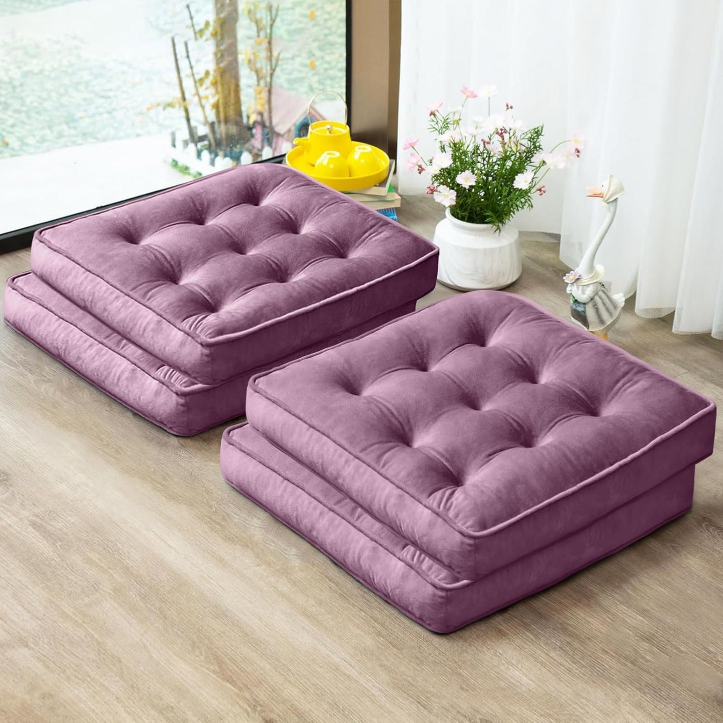 1 MIDDLE ONE Floor Pillow Set of 2, Memory Foam Meditation Cushion, Floor Cushions for Adults Sitting, Large Square Seat Cushions for Yoga, Living Room, 20x20 Inch (Grey)