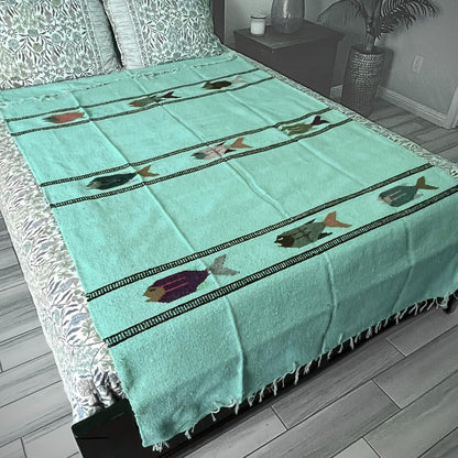 Open Road Goods Thick Mexican Yoga Blanket - Serape Fish Design - Handmade (Mint)