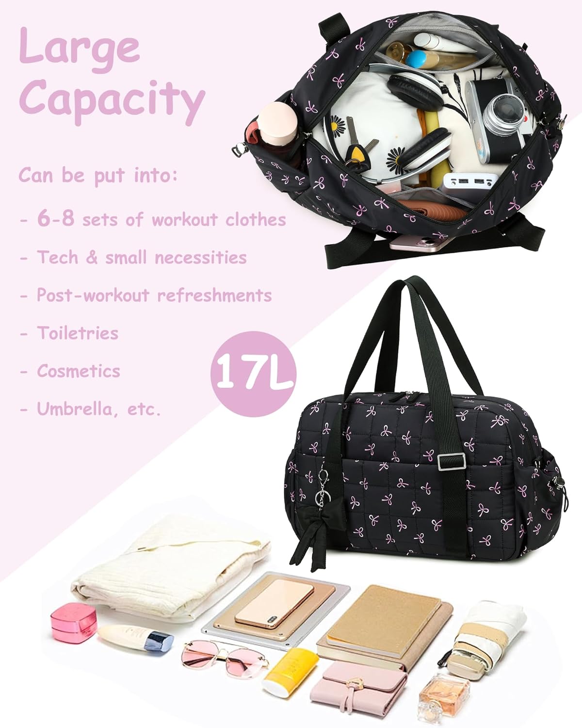 CAMTOP Mini Gym Bag for Women, Small Gym Tote Bag Puffy Quilted Sports Duffel Bag with Wet Compartment and Coin Purse Duffel Bags Dance Yoga Workout Bag for Gifts (All Black, Mini-12.6")