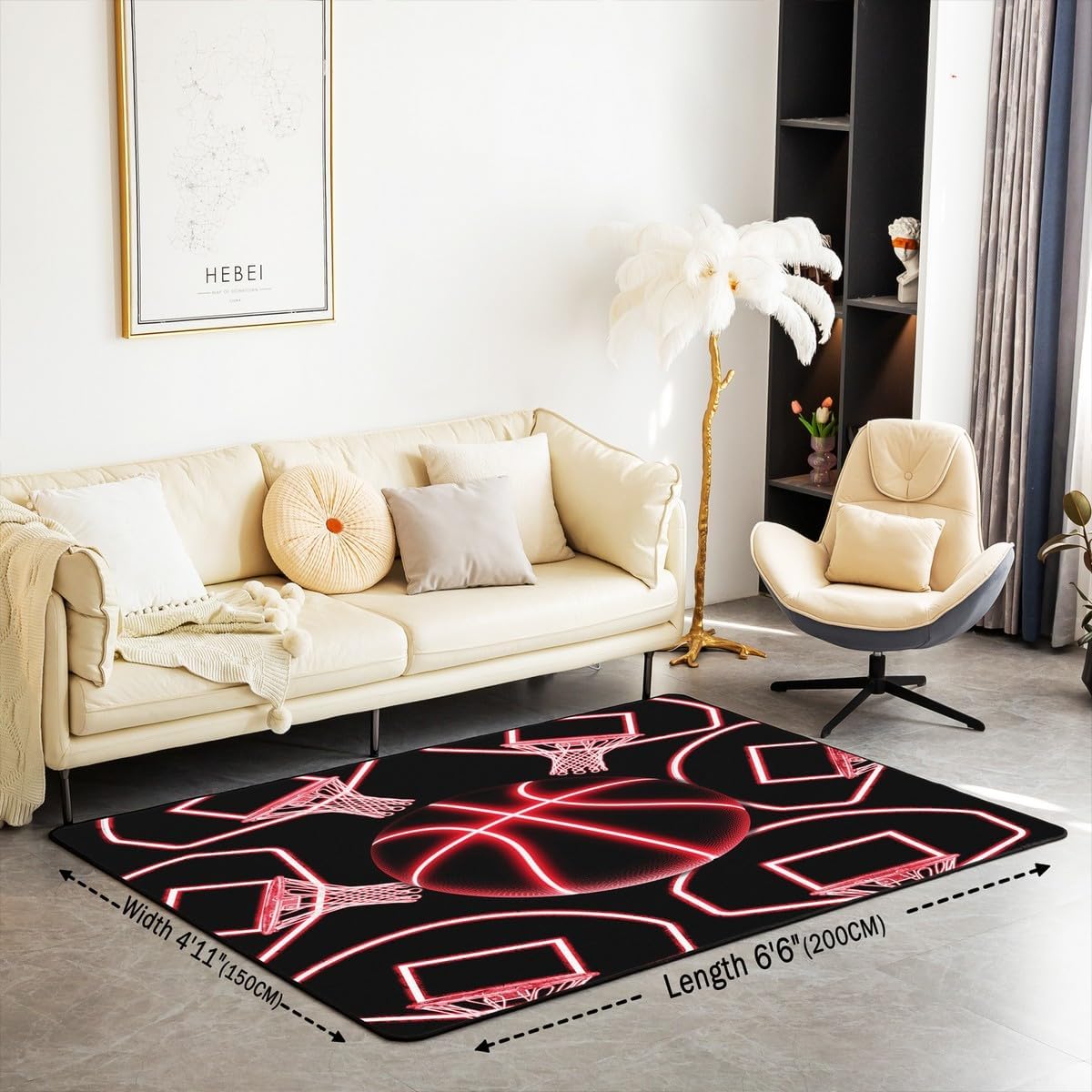 jejeloiu Basketball Living Room Rugs for Bedroom 5x7 Kids Gaming Sports Decor Carpet for Boys Girls Teens Ball Games Area Rug Soft Gift for Basketball Lover Grey and Black Room Decor