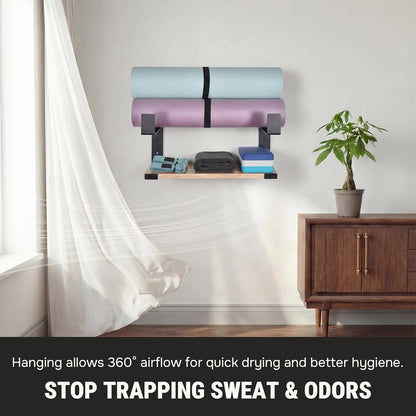 Yoga Mat Holder with Protective Padding Wall Mount Steel Storage Rack, 2 Tier Adjustable Width Hanger for up to 4 Foam Rollers, Easy Installation