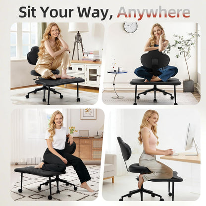 Ergonomic Cross Legged Chair, 360° Swivel Meditation Chair with Wheels, Height Adjustable Seat for Meditation, ADHD & Yoga, PU Leather Yoga Stool for Home Office, Black