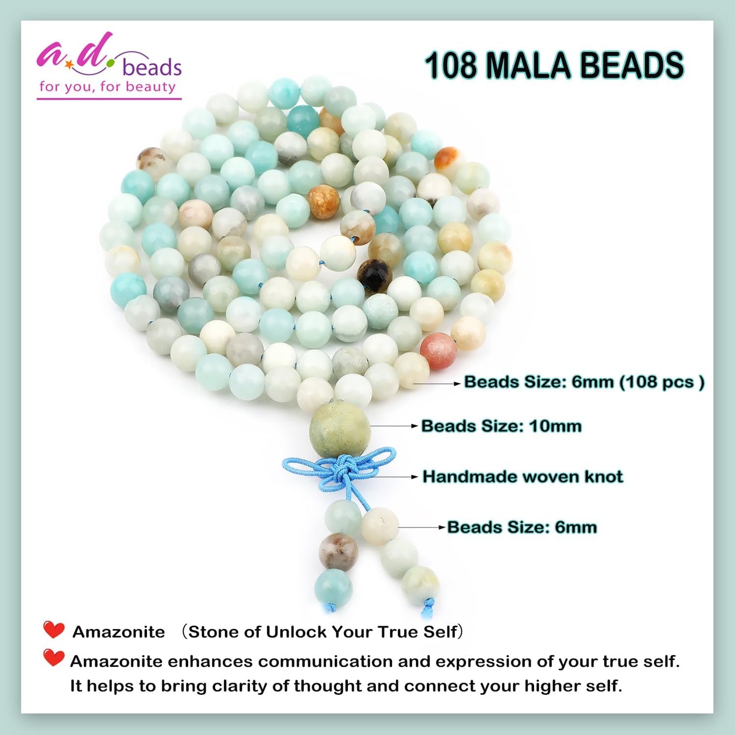 AD Beads 6mm 8mm 108 Prayer Mala Jasper Elastic Bracelet - Handmade Yoga Meditation Healing Power Energy Gifts for Unisex Adult.