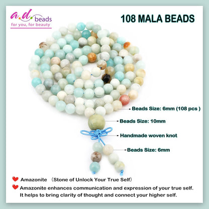 AD Beads 6mm 8mm 108 Prayer Mala Jasper Elastic Bracelet - Handmade Yoga Meditation Healing Power Energy Gifts for Unisex Adult.