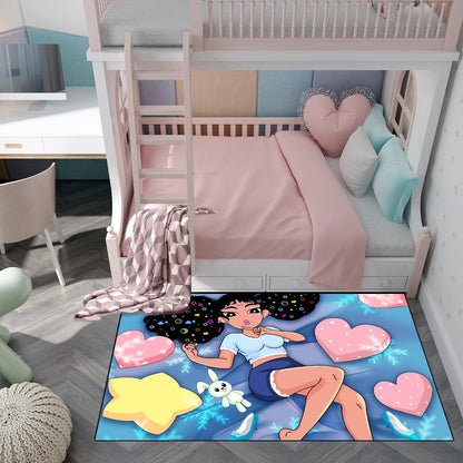 Black Girl Area Rug for Bedroom African Black Girls Floor Rugs for Living Room Playroom Cartoon Art Home Decor Soft Yoga Mats for Women Afro Purple 47" x 31" (2.7 x 3 Feet)