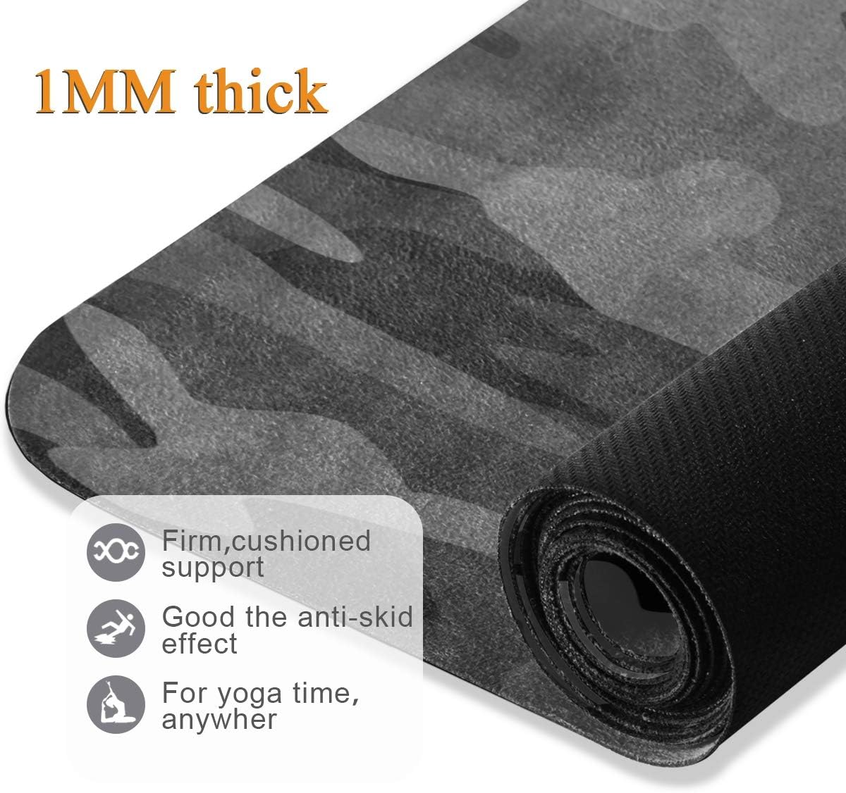Travel Yoga Mat 71" x 24" Non Slip Natural Rubber Foldable Exercise Mat Ultra Thin 1.5mm Lightweight for Fitness, Pilates & Home Workout, Charcoal Black Grey Camo
