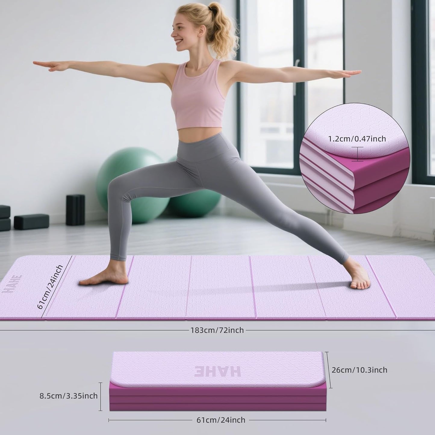 HAHE 7-Fold Design Extra Thick Yoga Mat 72"L x 24"W x 0.47",TPE Fitness Exercise Mats, Non-Slip Foldable Yoga Mat, High Density, Portable for Men & Women, Yoga, Pilates, Home Gym