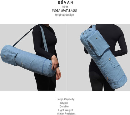 ESVAN Yoga Mat Bag with Multi Pockets Drawstring Yoga Mat Carrier Pilates Exercise Multi-Functional Storage Bag