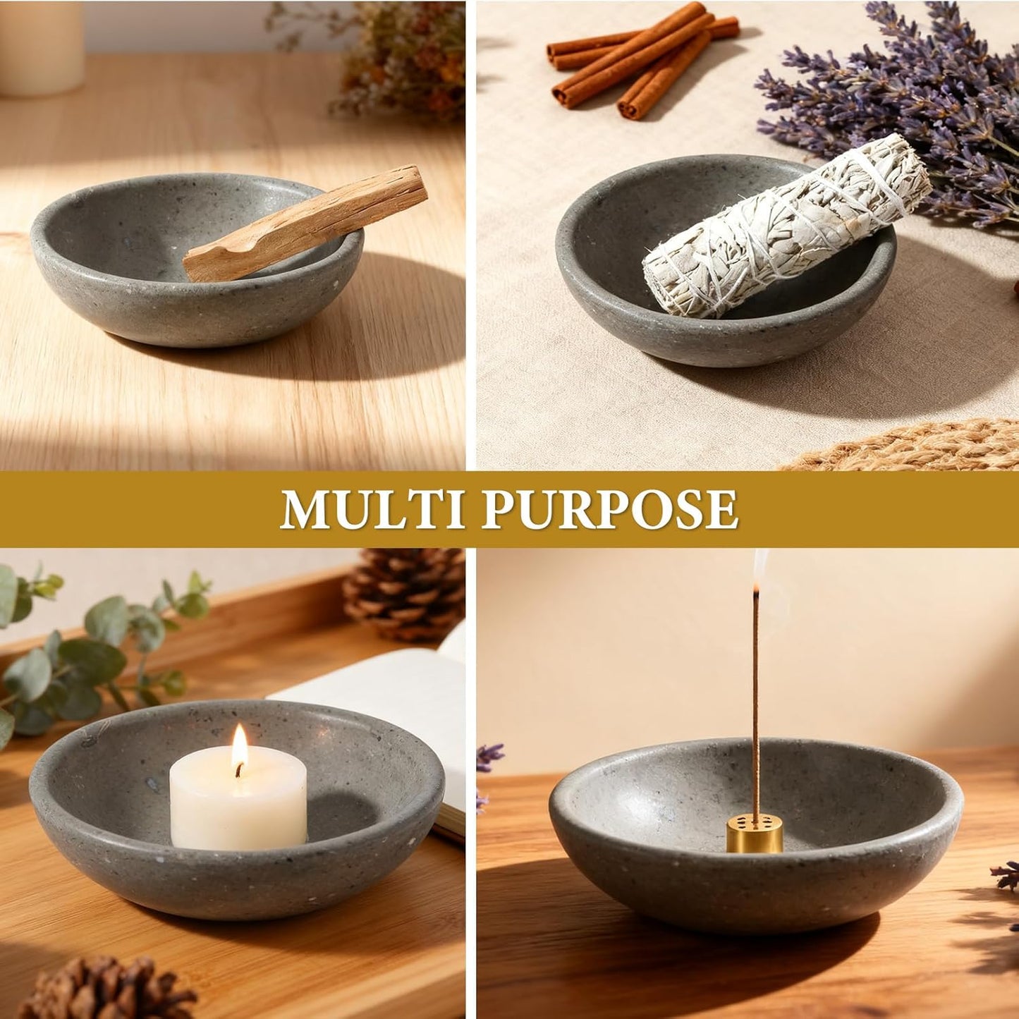 Koville Natural Marble Incense Holder, Incense Holder for Sticks with 9 Holes, Handmade Incense Burner Ash Catcher for Meditation Yoga SPA, Balsam Fir/Palo Santo/Sage/Cone (RoyalBeige)