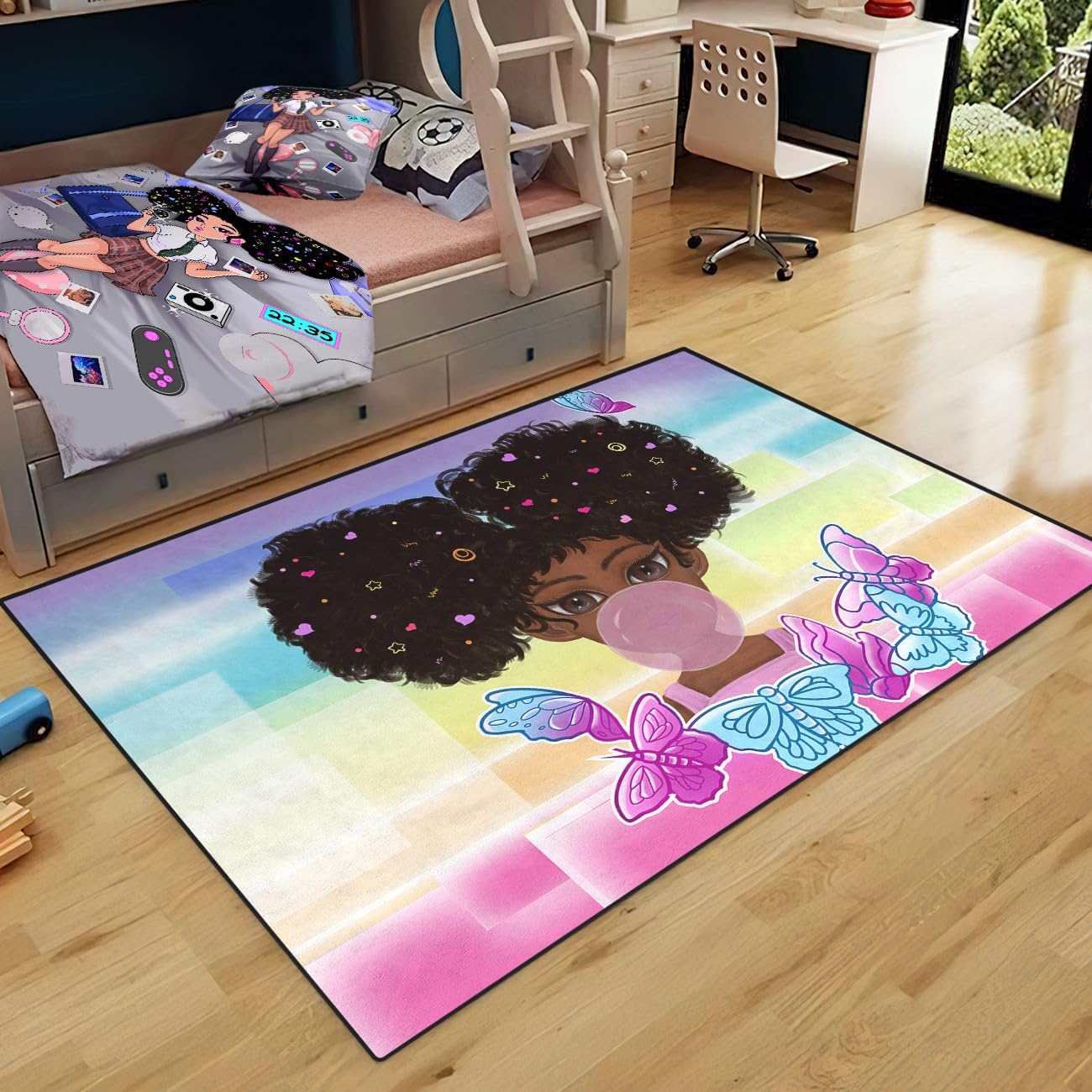 Black Girl Area Rug for Bedroom African Black Girls Floor Rugs for Living Room Playroom Cartoon Art Home Decor Soft Yoga Mats for Women Afro Purple 47" x 31" (2.7 x 3 Feet)