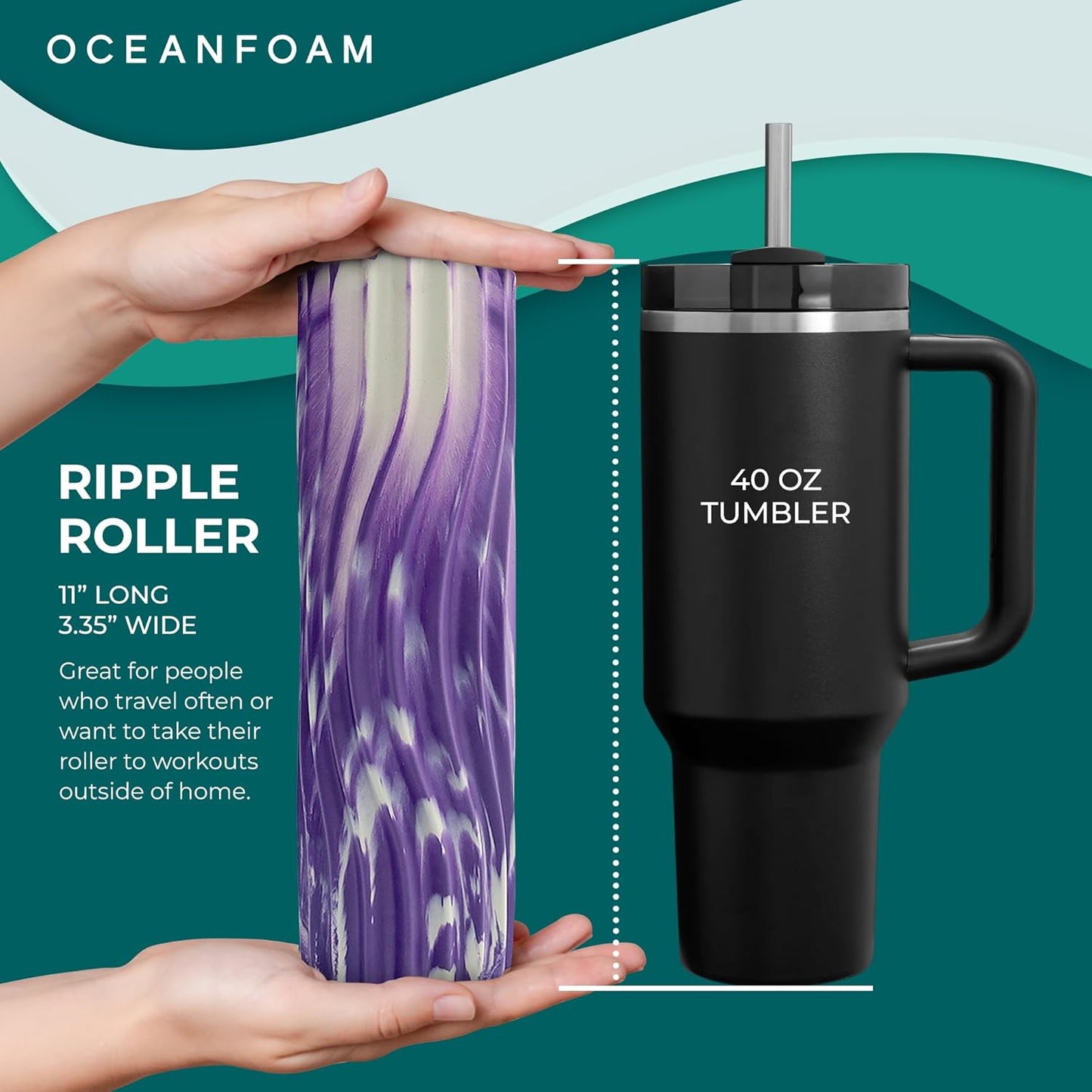 Oceanfoam Ripple Travel Foam Roller (11" x 3.35") Firm Mini Foam Roller for Physical Therapy, Deep Tissue Massage, Back Pain - High Density, Ergonomic Wave Textured - Yoga, Pilates, Exercise (Natural) - Colors B