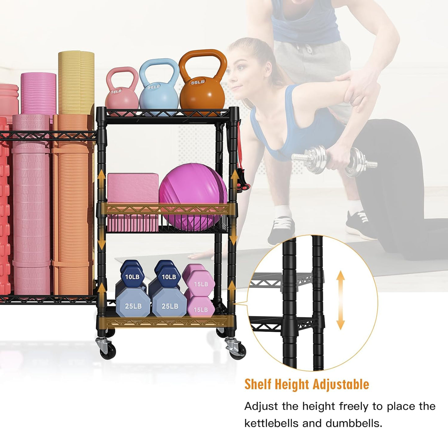 FUTASSI Home Gym Storage, 3 Tiers Workout Equipment Organizer with Wheels for Yoga Mats, Foam Roller, Dumbbells, Kettlebells, and Resistance Bands