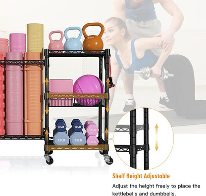 FUTASSI Home Gym Storage, 3 Tiers Workout Equipment Organizer with Wheels for Yoga Mats, Foam Roller, Dumbbells, Kettlebells, and Resistance Bands