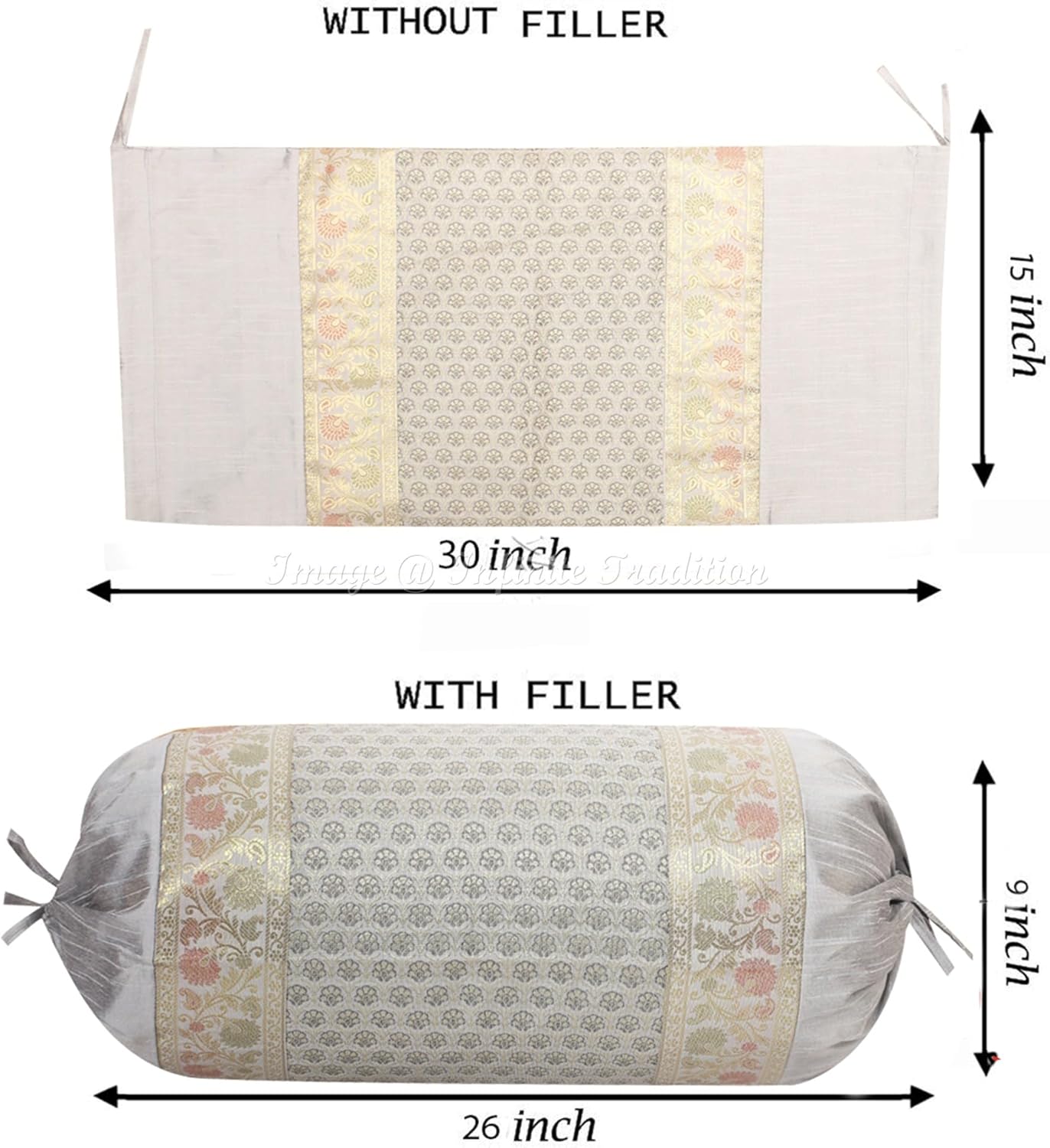 Indian Jacquard Brocade Silk Bolster Tube Pillow Cover Cylindrical Grey Yoga Couch Round Decorative Cushion Cover Home Decor Bordered Small Floral Throw Cushion Cover 30x15 inch (76x38cm) 1 Pc.