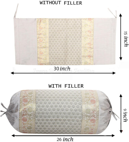 Indian Jacquard Brocade Silk Bolster Tube Pillow Cover Cylindrical Grey Yoga Couch Round Decorative Cushion Cover Home Decor Bordered Small Floral Throw Cushion Cover 30x15 inch (76x38cm) 1 Pc.