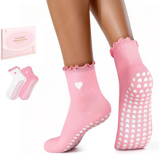ALLIVE Pilates Socks with Grips for Women, Breathable Soft Non Slip Cute Yoga Socks for Studio or Home, Gift-Ready Set