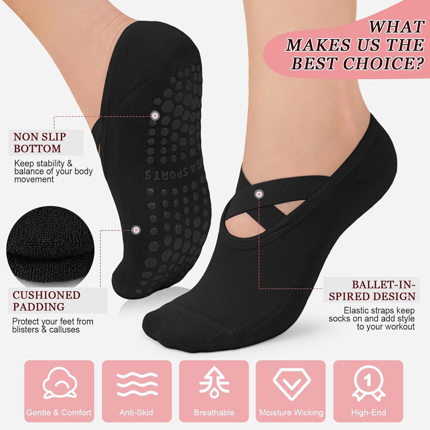 yeuG Pilates Socks for Women Non Slip Grip Socks for Yoga, Barre, Hospital, Barefoot Grippy Yoga Sock Womens Gifts 4 Pairs
