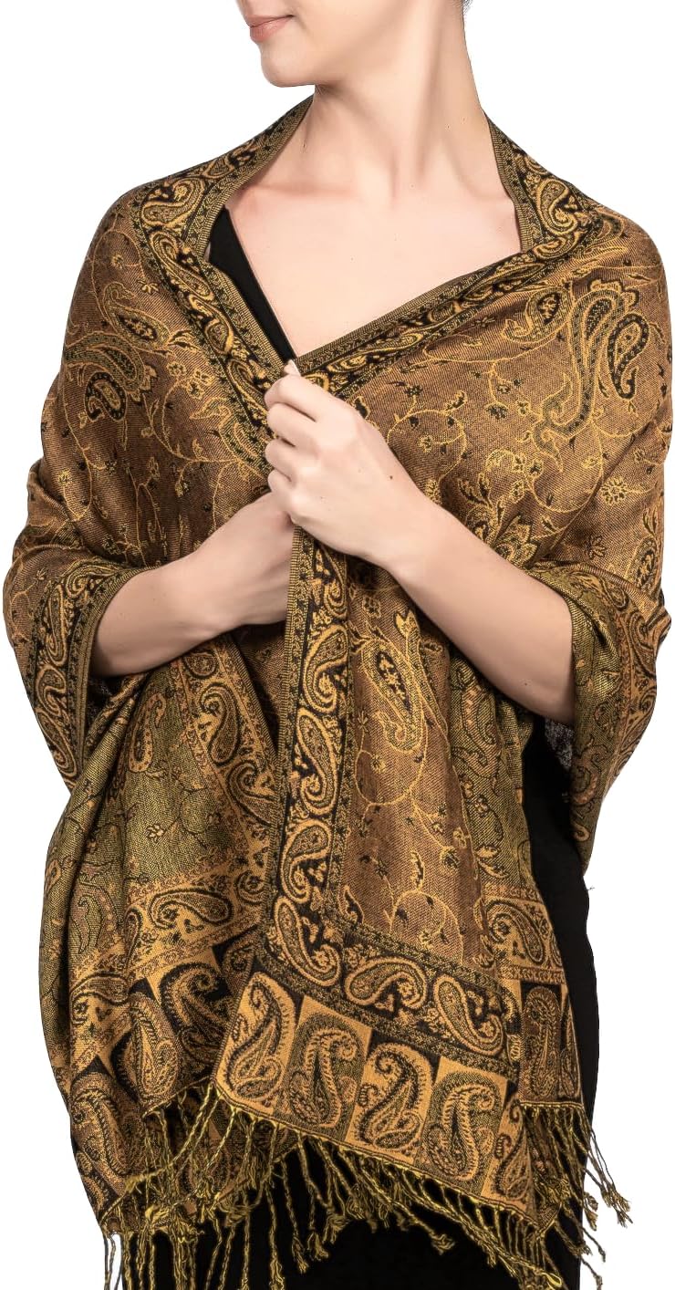 Achillea Reversible Paisley Pashmina Rave Scarf – Exotic Indian Shawls and Wraps for Evening Dresses, Festivals, All Seasons - Colors A