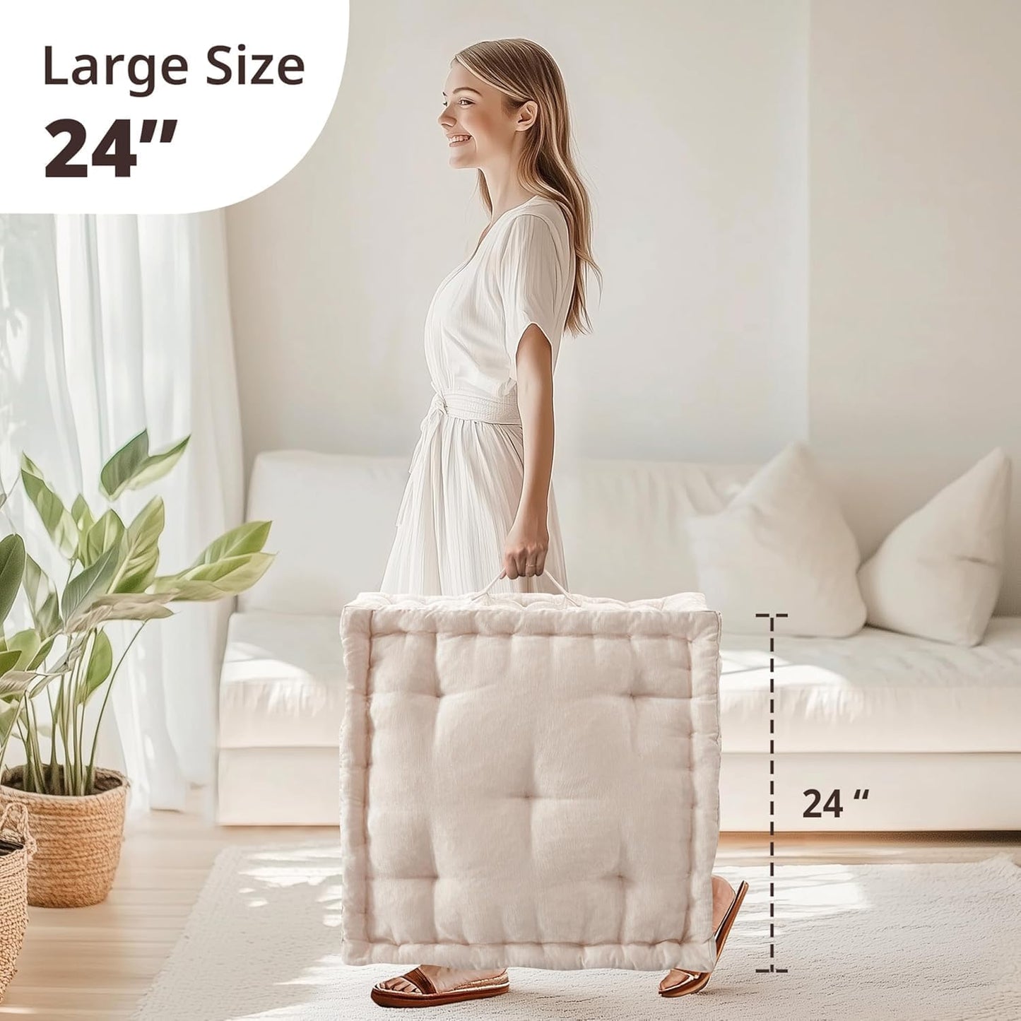Intelligent Design Large Floor Pillow for Adults Yoga or Meditation Cushion with Handle, Floor Cushion for Board Games, Lustrous Chenille Tufted, Handsewn Scalloped Edge, Azza, 24" x 24" x 5" Yellow